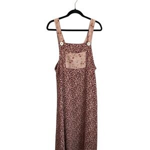 Vintage 1990's Floral Jumper Maxi Brown Pinafore Dress 12 Whimsical Cottage Folk